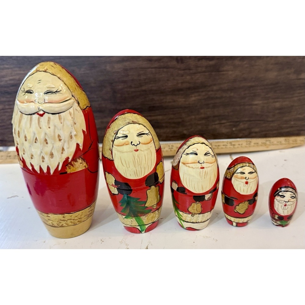 Vintage Santa Christmas Nesting Dolls 5 Wooden Hand Painted Holiday Decor